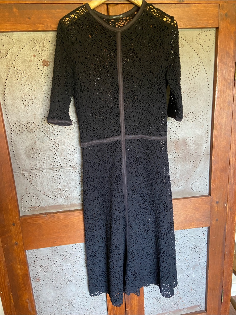 Calvin Rucker Dress Wool Black Walk This Way Wool Crochet Lace Sheer Midi L